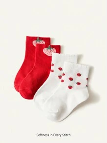 2 Pares / Set Calcetines Infantiles Básicos Con Patrón De Fresa Lindo Adecuados Para Exteriores