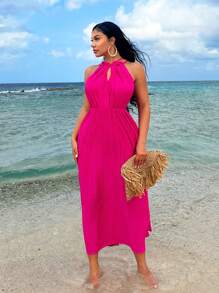 SHEIN SXY Pleated Fabric Halter Backless Cross Strap Sleeveless Dress - Hot Pink - View 3