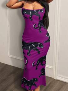SHEIN SXY Summer Leopard Print Chain Detail Fish Tail Hem Spaghetti Strap Dress