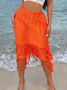 SHEIN SXY Falda maxi plisada de cintura alta con borlas naranjas en el dobladillo para vacaciones en la playa, para la primavera o el verano, ideal para festivales y ocasiones sexy - Naranja - Ver 4
