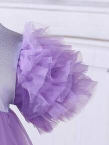 Baby Girl Patchwork Multi-Layer Mesh Ruffle Trim Decor Cute Dress - Mauve Purple - View 4