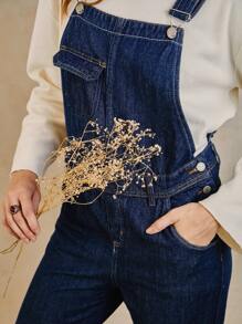 SHE(IN) BRASIL Ripped Pocket Front Denim Overalls - Rửa tối - Xem 5