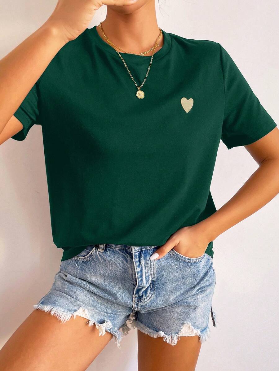 SHEIN Frenchy Summer Casual Heart Embroidery Round Neck Short Sleeve T-Shirt Thanks Giving Green Christmas Valentine's Day - Dark Green - View 1