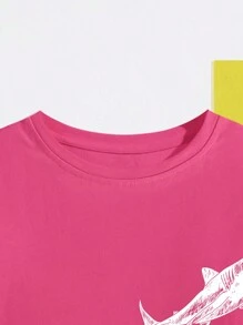INAWLY Áo thun nữ dáng dài rộng rãi có in hình cá mập sau lưng, mùa hè - Màu Hồng Tươi - Xem 4