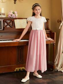 SHEIN Vestido de Chiffon com Renda Para Menina Pré-Adolescente Para a Temporada de Casamentos Como Vestido de Dama de Honra