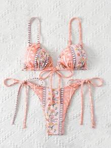 SHEIN Swim 夏日海滩印花随意后背系带细肩带比基尼套装 - 橘色 - 查看 5