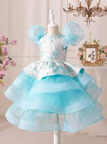SHEIN Young Girls' Cute Floral Jacquard Patchwork Organza Ruffle Layered Dress