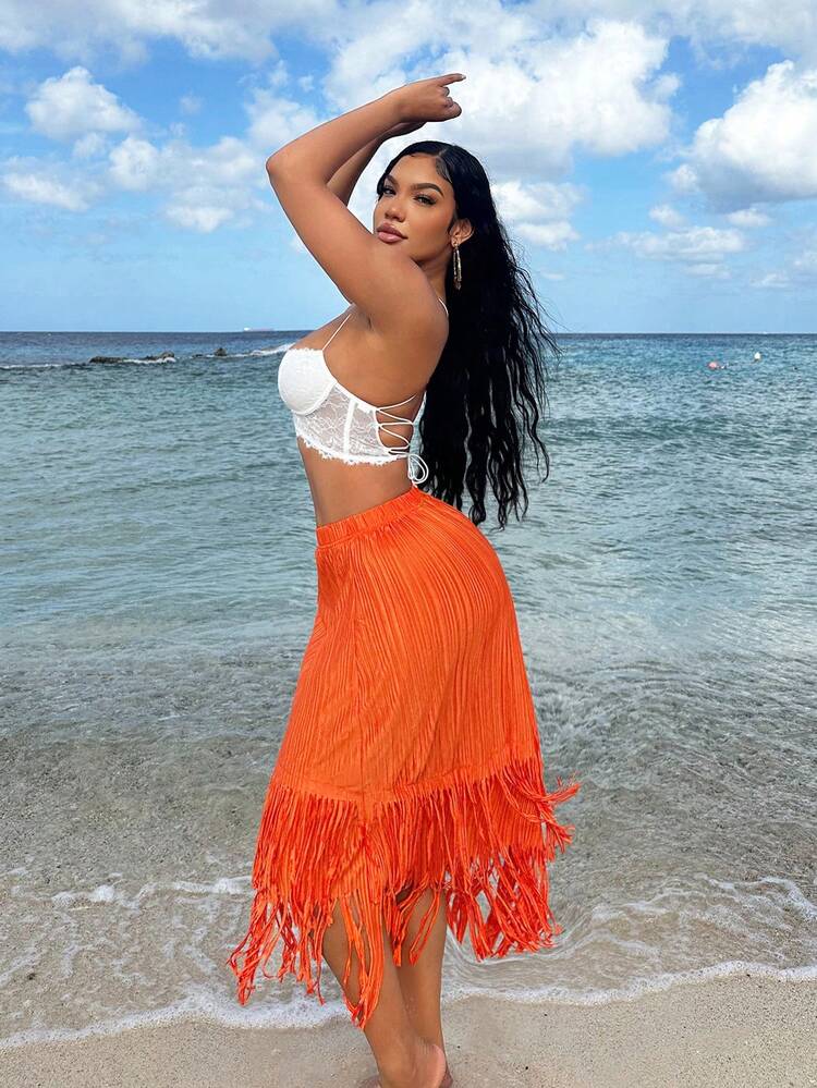 Beach Wear Resort Summer Spring Break Bottoms Holiday Vacation Long  Skirt Sexy Festival Orange Fringe Trim Pleated Maxi Skirt