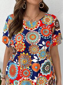 EMERY ROSE Vestido corte recto con cuello redondo en talla grande con estampado floral colorido, vestido de verano talla grande, vestido floral talla grande, vestido casual talla grande, vestidos de verano talla grande