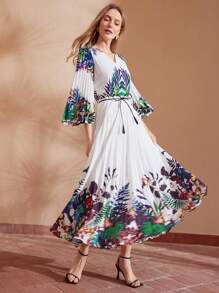 MOTF PREMIUM TROPICAL PRINT V-NECK BELTED DRESS