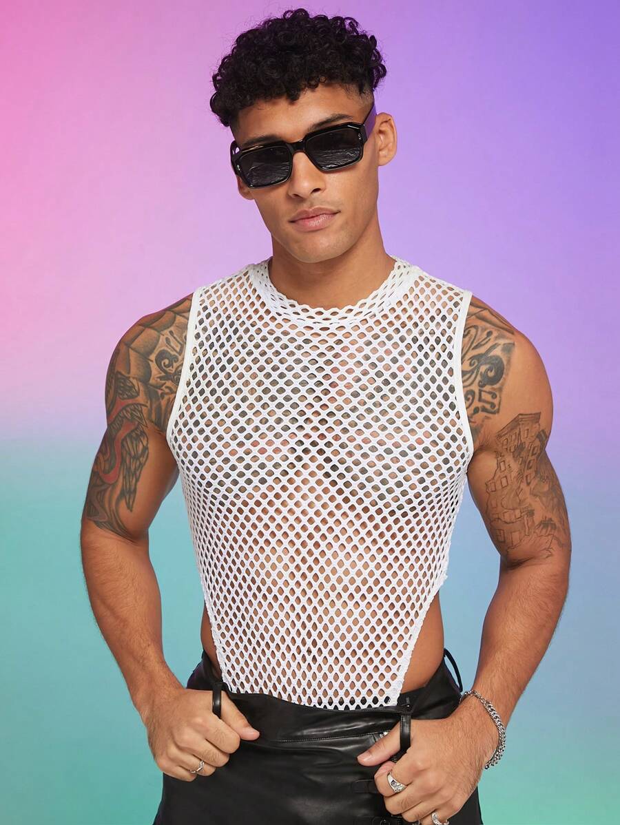 FeverCity Men Summer Hollow Knitted Casual Fashion Tank Top - White - View 1