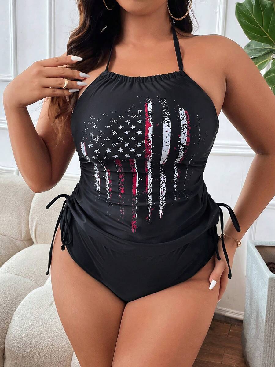 SHEIN Swim Curve Plus Size Summer Beach American Flag Print Halter Neck Tankini Set - Black - View 1