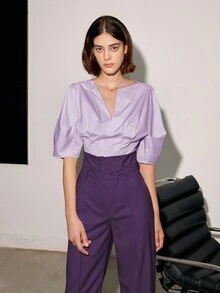 Women High Waist Straight Leg Casual/Business Trouser Pants, Solid Color, Spring/Summer - Purple - View 5