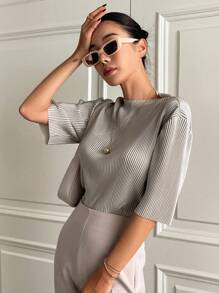 DAZY 實心立體圓領下垂肩t卹 - 淺灰色 - 查看 5