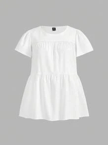 SHEIN Essnce Women Plus Size Round Neck Loose White Shirt With Ruffle Sleeve For Holiday, Date And Casual Occasions