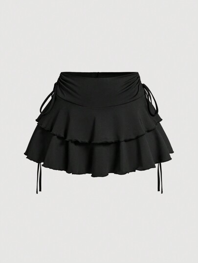 SHEIN MOD Drawstring And Fold Detail Solid Color Cake Skirt