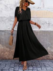 SHEIN LUNE Summer Casual Simple V-Neck Drawstring Waist Split Texture Dress