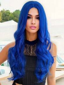 1 Piece Synthetic Blue Wig, 28 Inches, Centre Parting, Long Curly Hair Without Bangs For Party, Cosplay And Daily Wear, Suitable For Halloween And Christmas