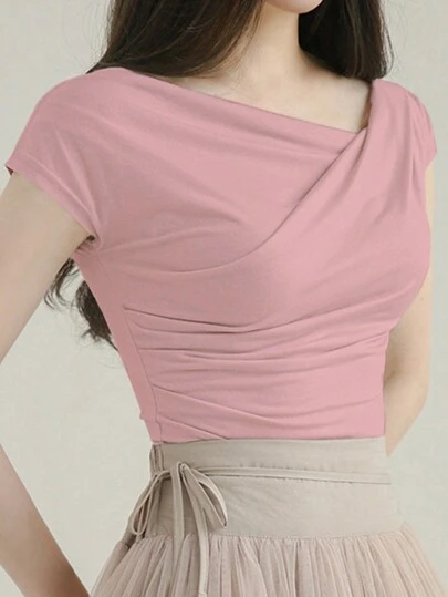 DAZY 夏季實色不對稱領口褶皺修身短袖T恤