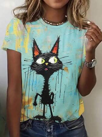 2025 New European & American Style Cartoon Cat Animal Oil Painting Print Casual Short Sleeve T-Shirt
