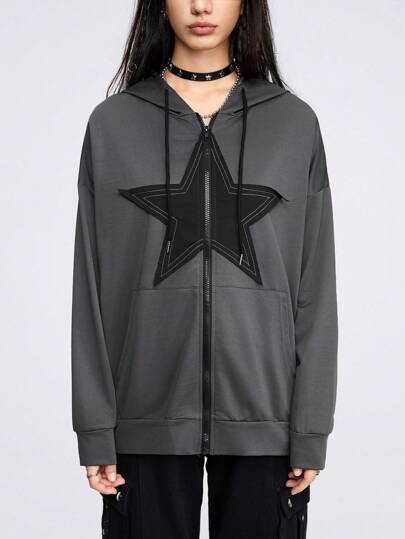 Grunge Punk Capucha con estrella con parche con cremallera con bolsillo con cordón