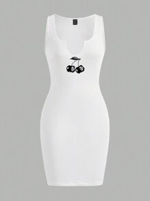 SHEIN Essnce Váy mini ôm sát cổ chữ V dây dày họa tiết quả anh đào tối giản, giản dị, phù hợp cho mùa hè - trắng - Xem 3