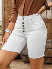 SHEIN LUNE Women Solid Color Button Fly Raw Hem Skinny Denim Shorts Western Cowboy Woman Attire - White - View 4