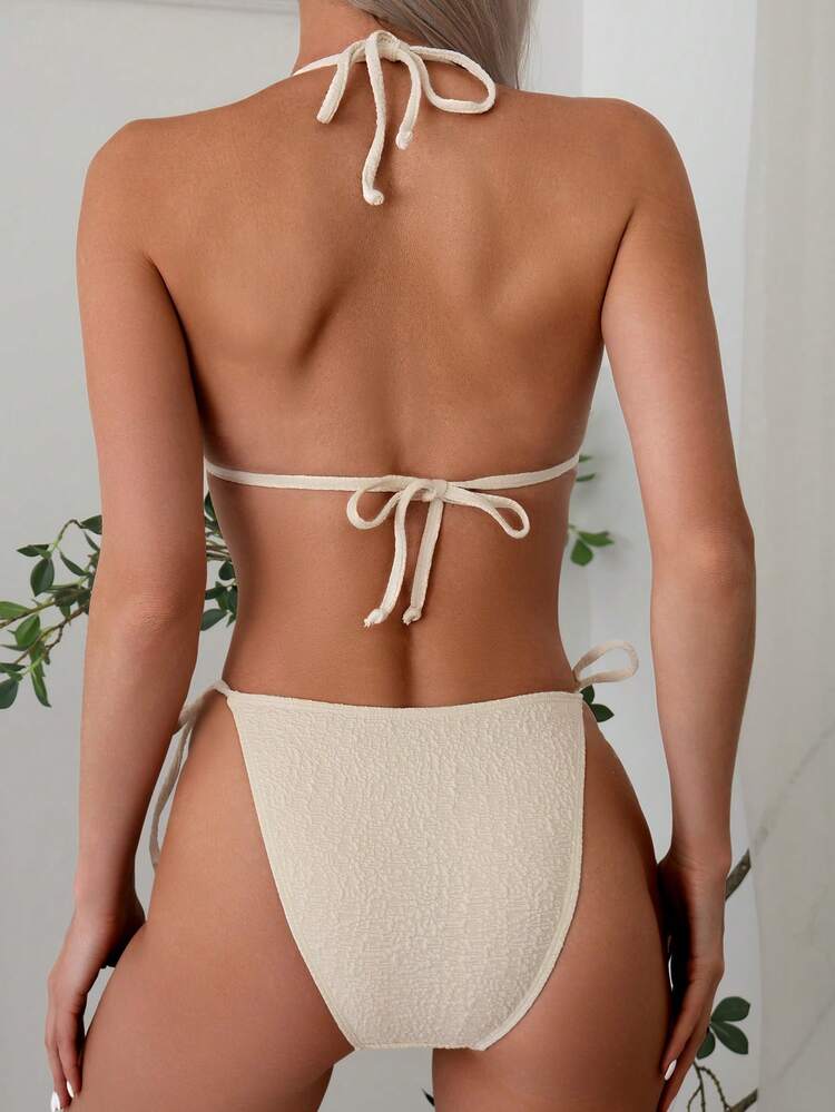 Women Summer Beach Push-Up Wireless Solid Textured Halter Neck Set