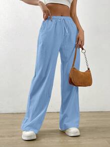 SHEIN EZwear Màu Quả mơ Bông Và Lanh Lỏng lẻo Thẳng Eo dây rút Túi nghiêng Quần - Màu xanh bụi bặm - Xem 7