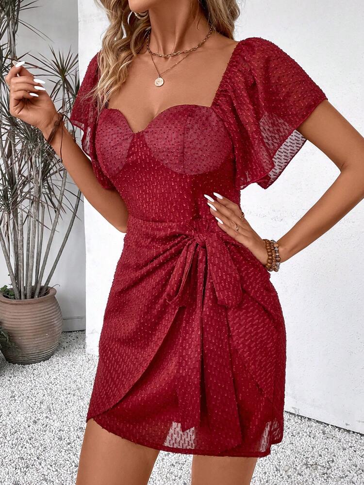 Summer Holiday Plain Textured Dress With Sweetheart Neck And Wrap Tie