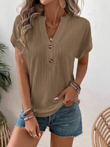 SHEIN LUNE Women Fashion Solid Color Button Decor Contrast Short Sleeve Texture T-Shirt - Khaki - View 4