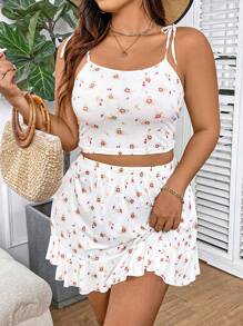 Flirla Plus Size Spaghetti Strap Tank Top + Knitted Asymmetric Hem Skirt