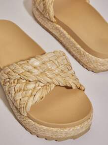 Women Knitted Wedge Heel Platform Sandals - Apricot - View 4