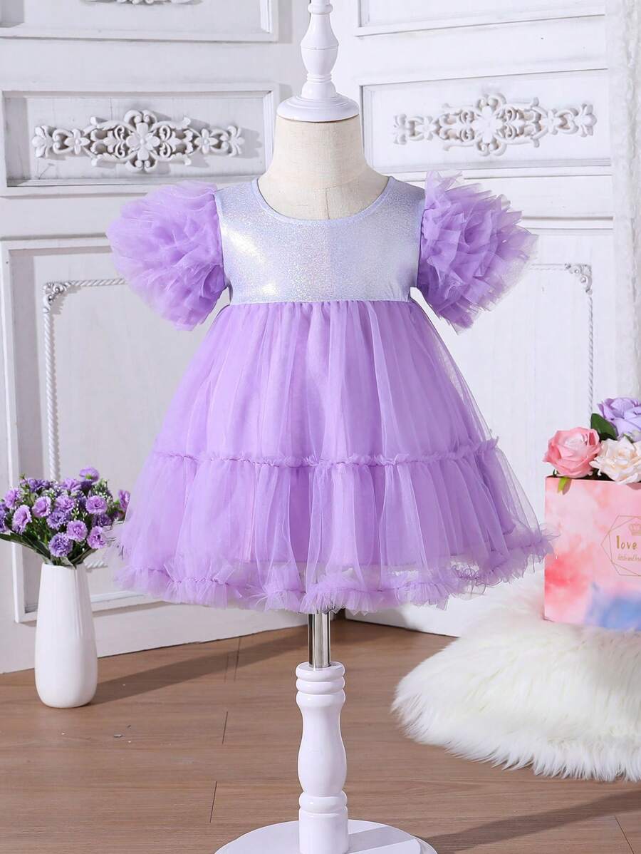 Baby Girl Patchwork Multi-Layer Mesh Ruffle Trim Decor Cute Dress - Mauve Purple - View 1