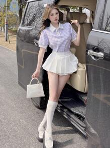 DAZY Texture Plaid Collar Short Sleeve T-Shirt Summer - Purple - View 2