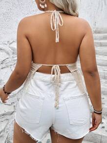 SHEIN Clasi Plus Size Women Backless Hollow Out Halter Tie Knitted Top - Beige - View 2