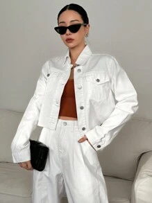 DAZY 女士時尚純色牛仔外套和褲子套裝 - 白色 - 查看 5