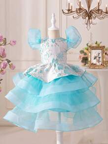 SHEIN Young Girls' Cute Floral Jacquard Patchwork Organza Ruffle Layered Dress