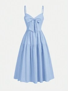 SHEIN 少女甜心頸綁帶和帝國腰綁帶假日中長款洋裝 - 淺藍色 - 查看 3