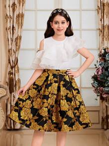 SHEIN 2pcs Tween Girls' Matching Set: Ornate Layered Ruffle Collar Shirt And Floral Jacquard A-Line Skirt - Black - View 6