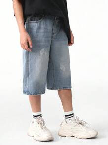 SHEIN Quần short denim giặt thường ngày mùa hè Tween Boy thời trang - Rửa trung bình - Xem 4