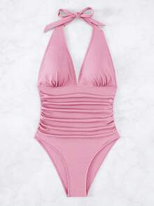 SHEIN Swim 夏季沙灘純色褶皺露背頸掛式連身泳衣 - 粉色 - 查看 7