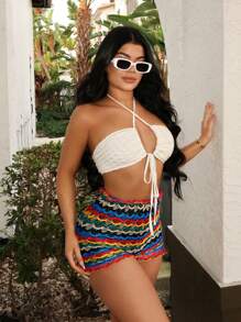 SHEIN SXY Bohemian Fish Scale & Multicolor Striped Shorts With Ruffled Hemline For Women, Perfect For Casual Beach Vacation - Multicolor - View 3