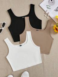 SHEIN EZwear 3 piezas de tops ajustados de tirantes de cuello redondo súper cortos en negro, blanco y gris, adecuados para el verano