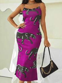 SHEIN SXY Summer Leopard Print Chain Detail Fish Tail Hem Spaghetti Strap Dress