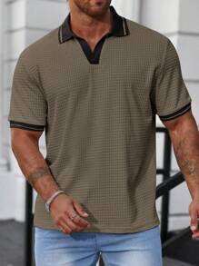 Manfinity Homme Men's Plus Size Striped Short Sleeve Polo Shirt With Patchwork Design - Green - View 1