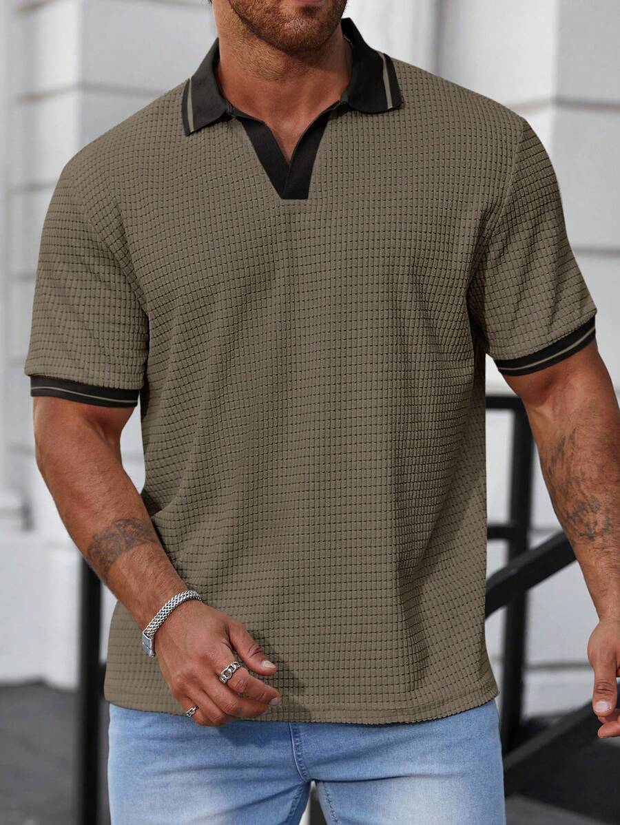 Manfinity Homme Men's Plus Size Striped Short Sleeve Polo Shirt With Patchwork Design - Green - View 1
