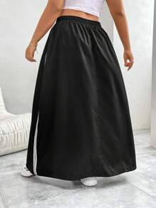 Flirla 女士實色加大尺碼拼接條紋束口裙 - 黑色 - 查看 2