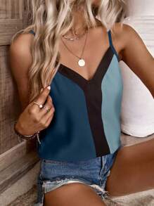 SHEIN LUNE Top de tirantes finos informal en estilo de bloques de color para mujer, camiseta gráfica de verano