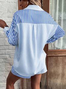 SHEIN LUNE Của phụ nữ Đúng mốt Sọc dọc Áo sơ mi Và Bộ quần short - Màu xanh lam - Xem 2